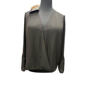 Black Long Sleeve Draped Crossover Blouse With Ruffle Accent Iman Designer Women
